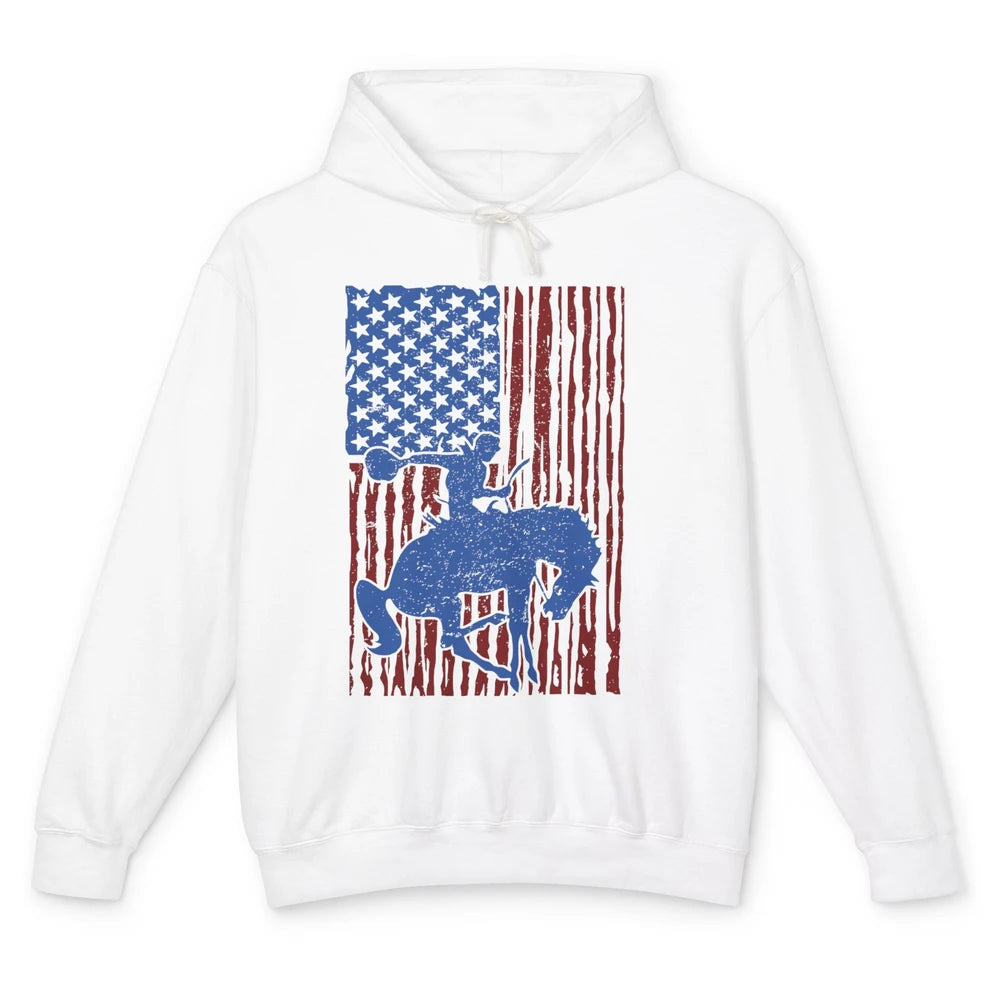 Retro US Flag Cowboy Horsing Rodeo Western July 4th Patriots Unisex Lightweight Hoodie