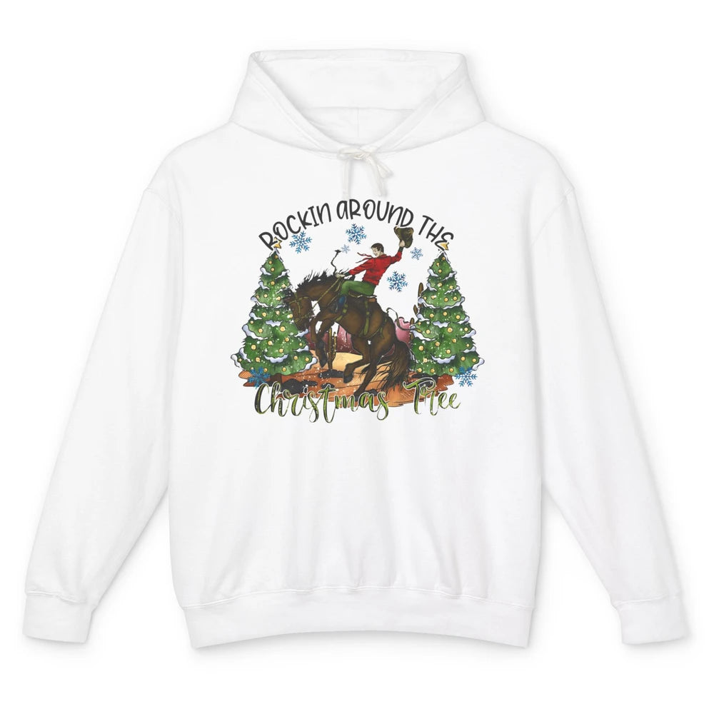 Funny Cowboy Horsing Rocking Around Christmas Tree Western Unisex Lightweight Hoodie