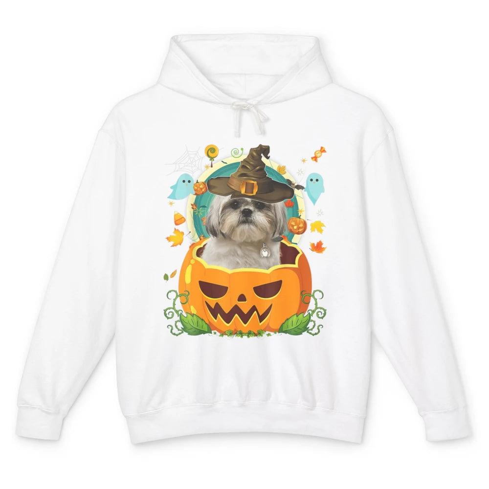 Funny Shih Tzu Dog Witch Hat Pumpkin Halloween Spooky Season Unisex Lightweight Hoodie