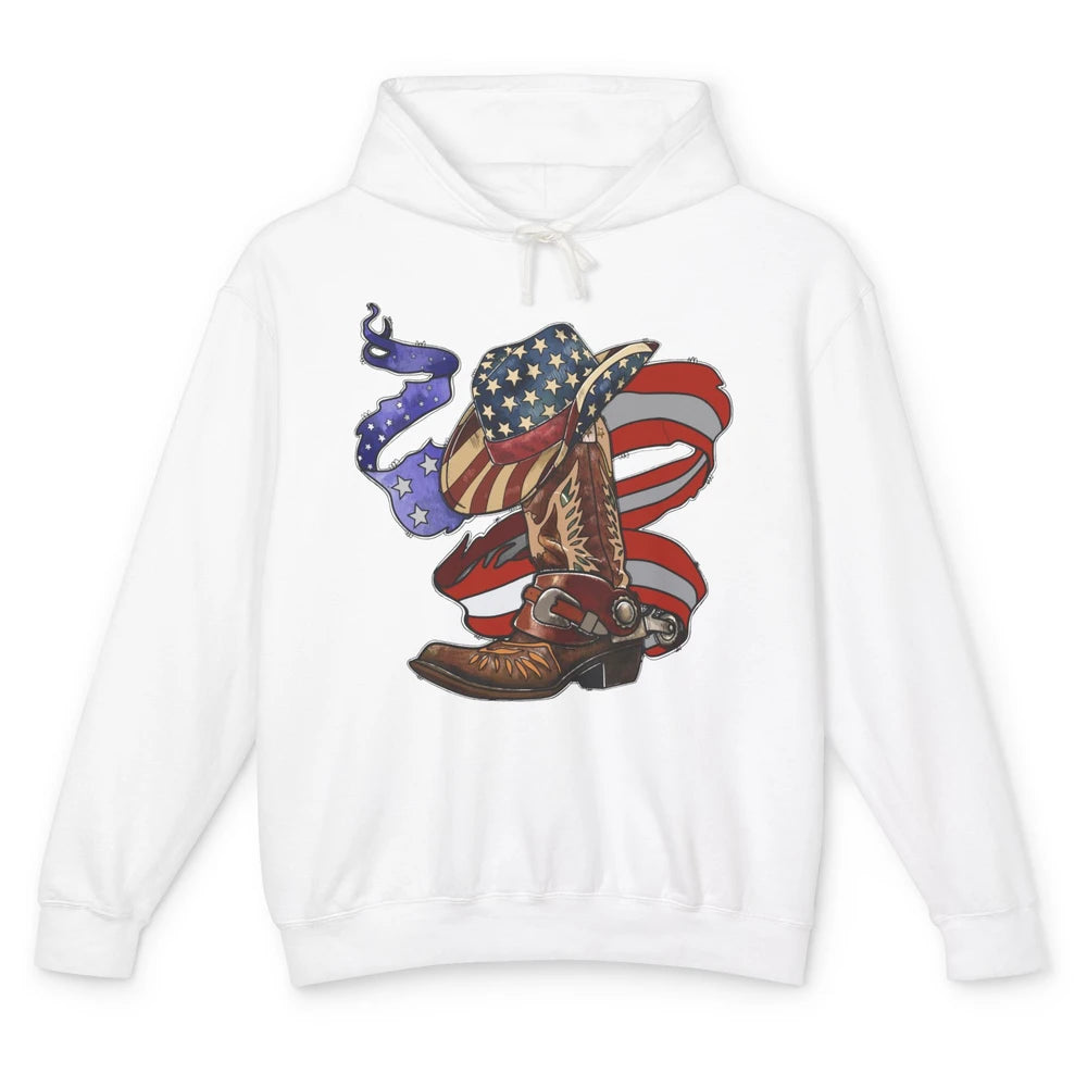 US Flag Cowboy Boots Hat Patriotic Cowboy July 4th Western Unisex Lightweight Hoodie