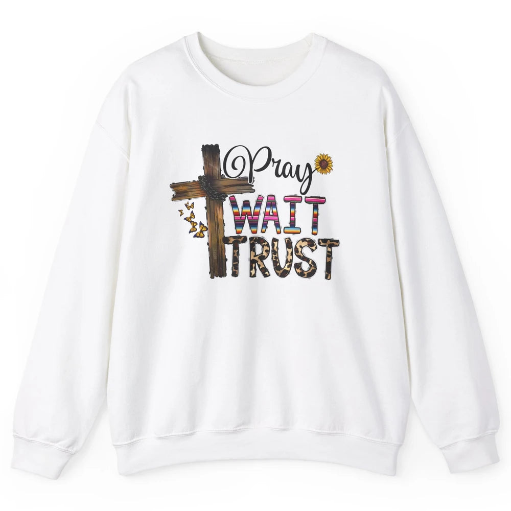 Sunflower Leopard Pray Wait Trust Christian Motivational Unisex Crewneck Sweatshirt