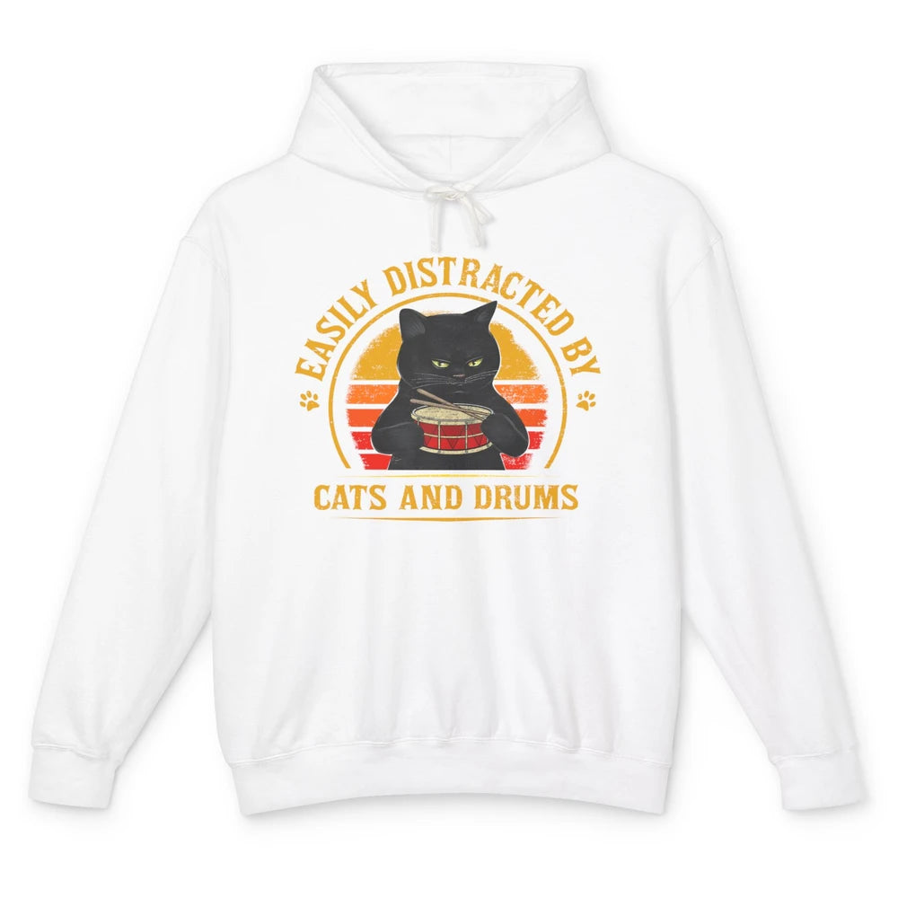 Vintage Black Cat Drummer Easily Distracted By Cat And Drums Unisex Lightweight Hoodie