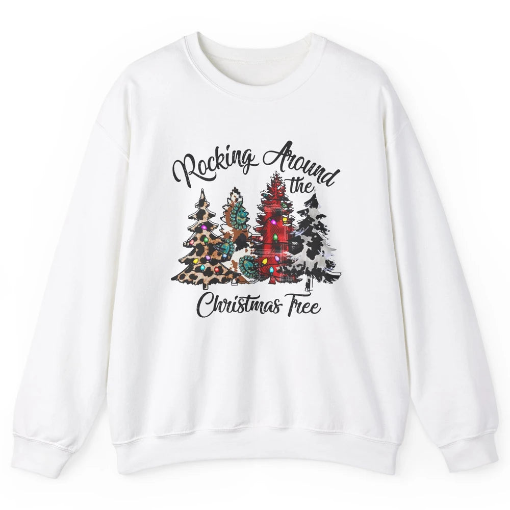 Leopard Christmas Tree Rocking Around Christmas Tree Western Unisex Crewneck Sweatshirt