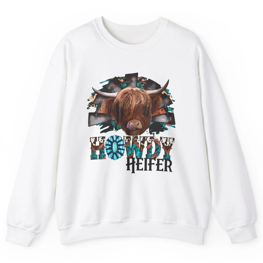 Leopard Highland Cow Howdy Heifer Western Country Cowboy Unisex Crewneck Sweatshirt