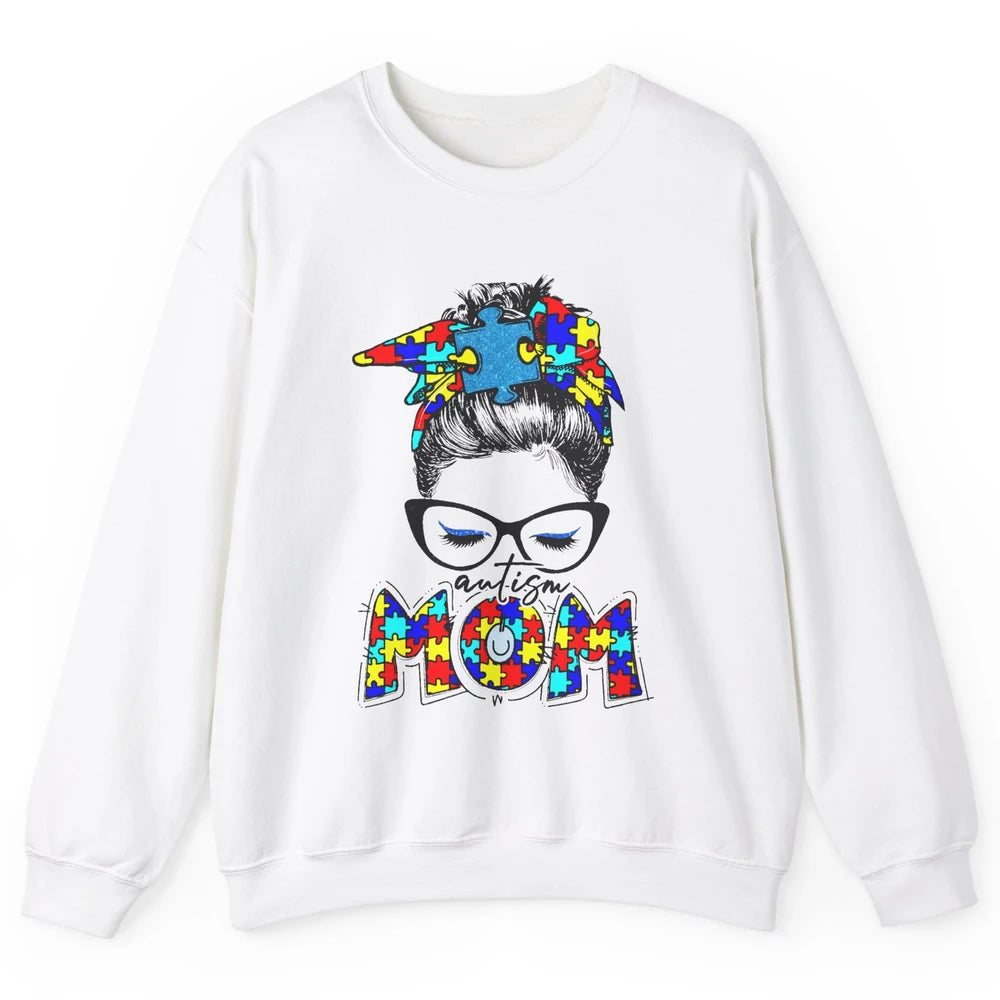 Autism Mom Messy Bun Bandana Puzzle Autism Awareness Month Unisex Crewneck Sweatshirt