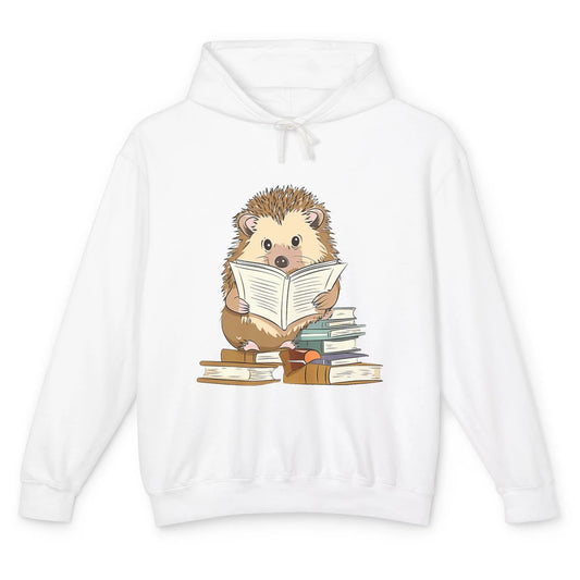 Hedgehog Reading A Book Cute Cottagecore Aesthetic Bookworm Unisex Lightweight Hoodie