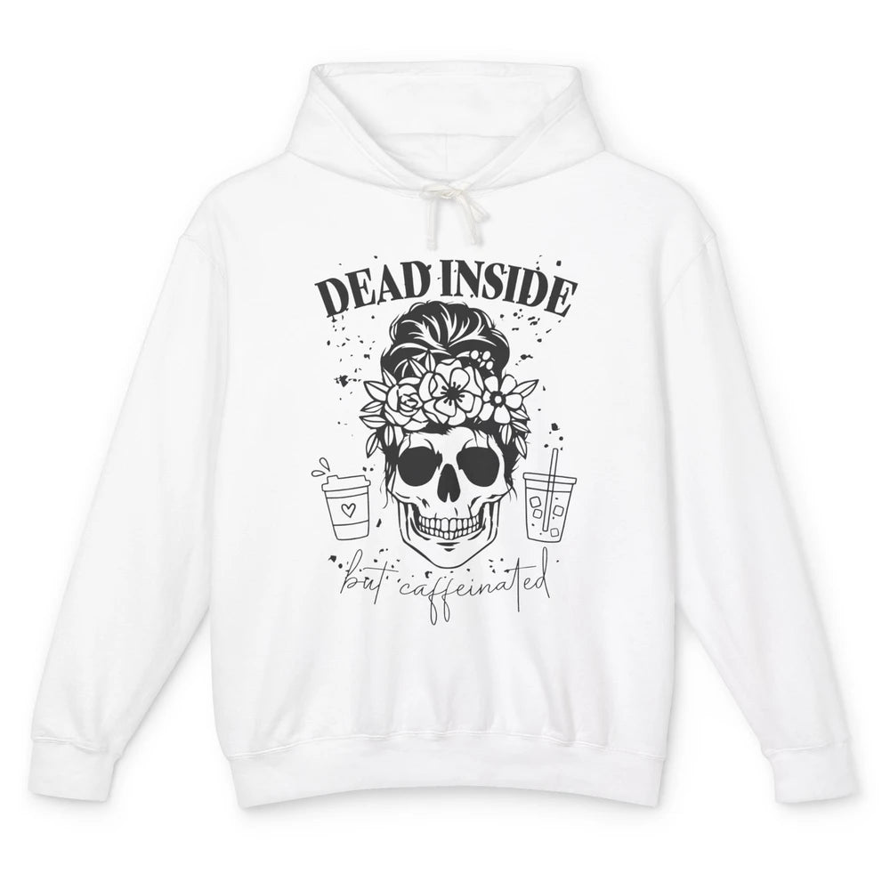 Funny Messy Bun Skull Dead Inside But Caffeinated Halloween Unisex Lightweight Hoodie