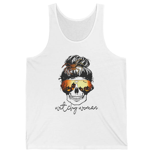 Witchy Woman Messy Bun Hair Skull Halloween Pumpkin Costume Unisex Jersey Tank