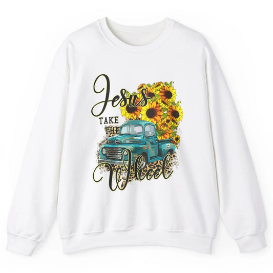 Sunflower Jesus Take The Wheel Christian Leopard God Bible Unisex Crewneck Sweatshirt