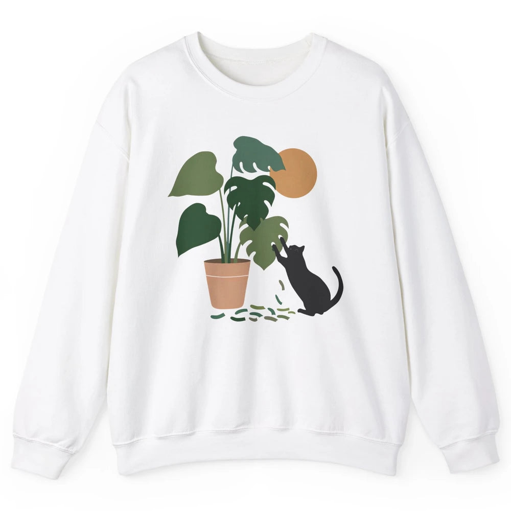 Black Cat And Plant The Making Of Monstera Garden Cat Lovers Unisex Crewneck Sweatshirt