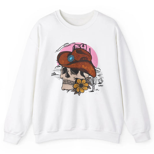 Skull Desert Cactus Cowboy Gemstone Hat Western Country Girl Unisex Crewneck Sweatshirt