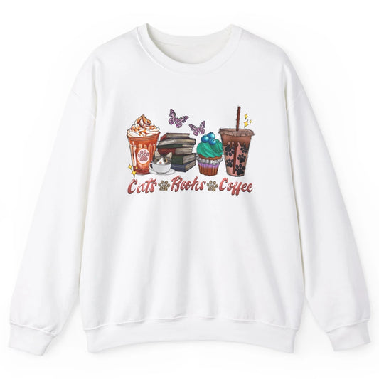 Cats Books Coffee Funny Coffee Paw Books Lovers Reader Gift Unisex Crewneck Sweatshirt