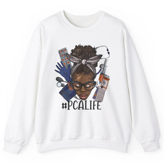 Afro Messy Bun Glasses PCA Life Patient Care Assistant Nurse Unisex Crewneck Sweatshirt