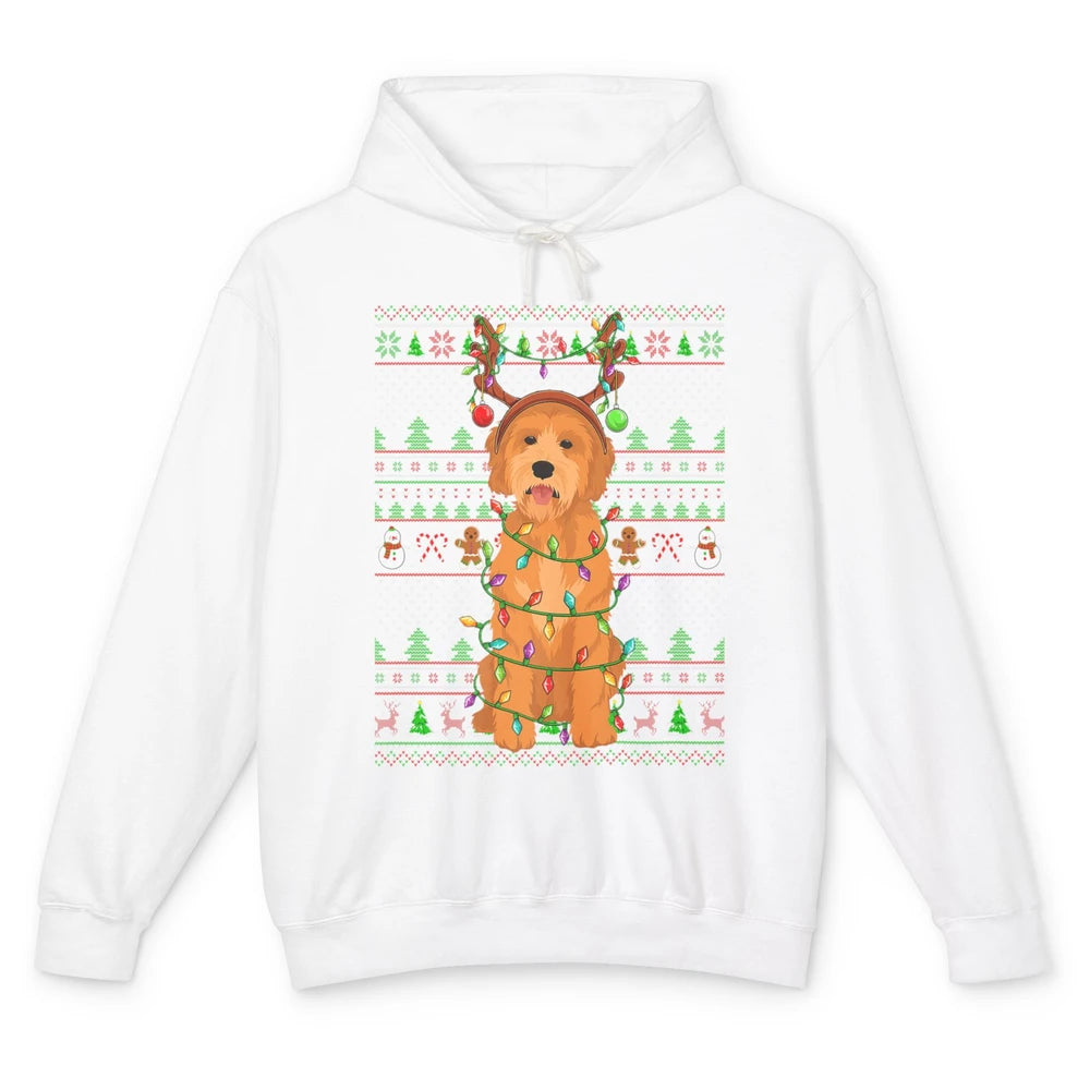 Merry Christmas Golden Doodle Dog Reindeer Xmas Lights Ugly Unisex Lightweight Hoodie