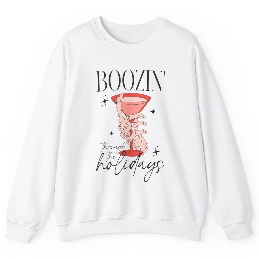 Boozin’ Through The Holidays Christmas Drinking Wine Glass Unisex Crewneck Sweatshirt