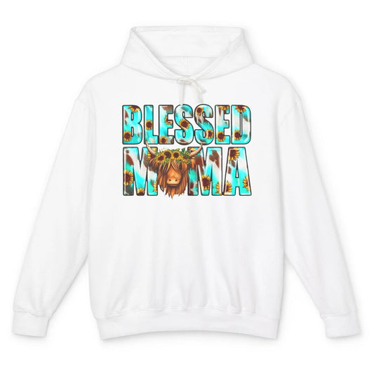 Retro Sunflower Highland Cow Blessed Mama Western Cow Mama Unisex Lightweight Hoodie