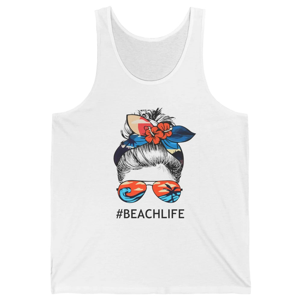 Beach Life Messy Bun Hawaiian Hair Retro Beach Palms Summer Unisex Jersey Tank