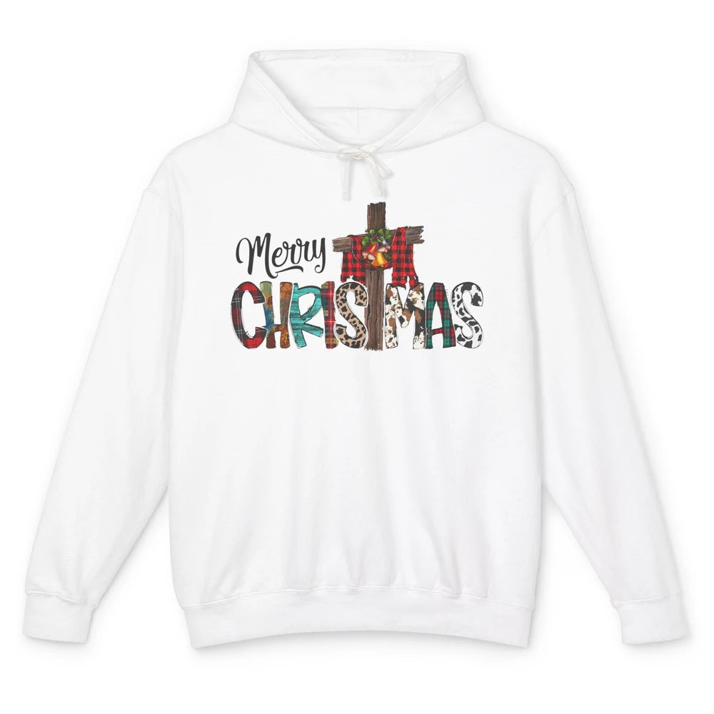 Leopard Jesus Cross Merry Christmas Christian Western Xmas Unisex Lightweight Hoodie