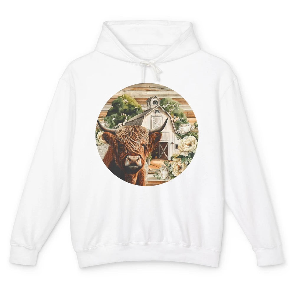 Retro Farm Highland Cow Barn House Western Country Farmer Unisex Lightweight Hoodie