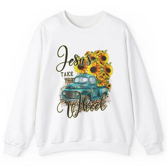 Sunflower Jesus Take The Wheel Christian Gift Leopard Print Unisex Crewneck Sweatshirt