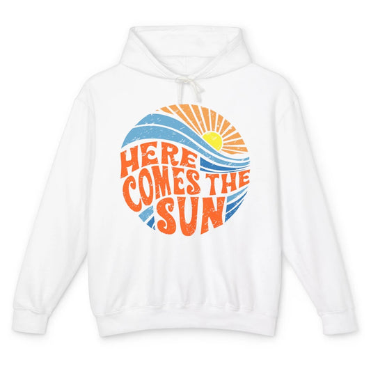 Retro Rainbow Sunrise Here Comes The Sun Hippie Girl Unisex Lightweight Hoodie