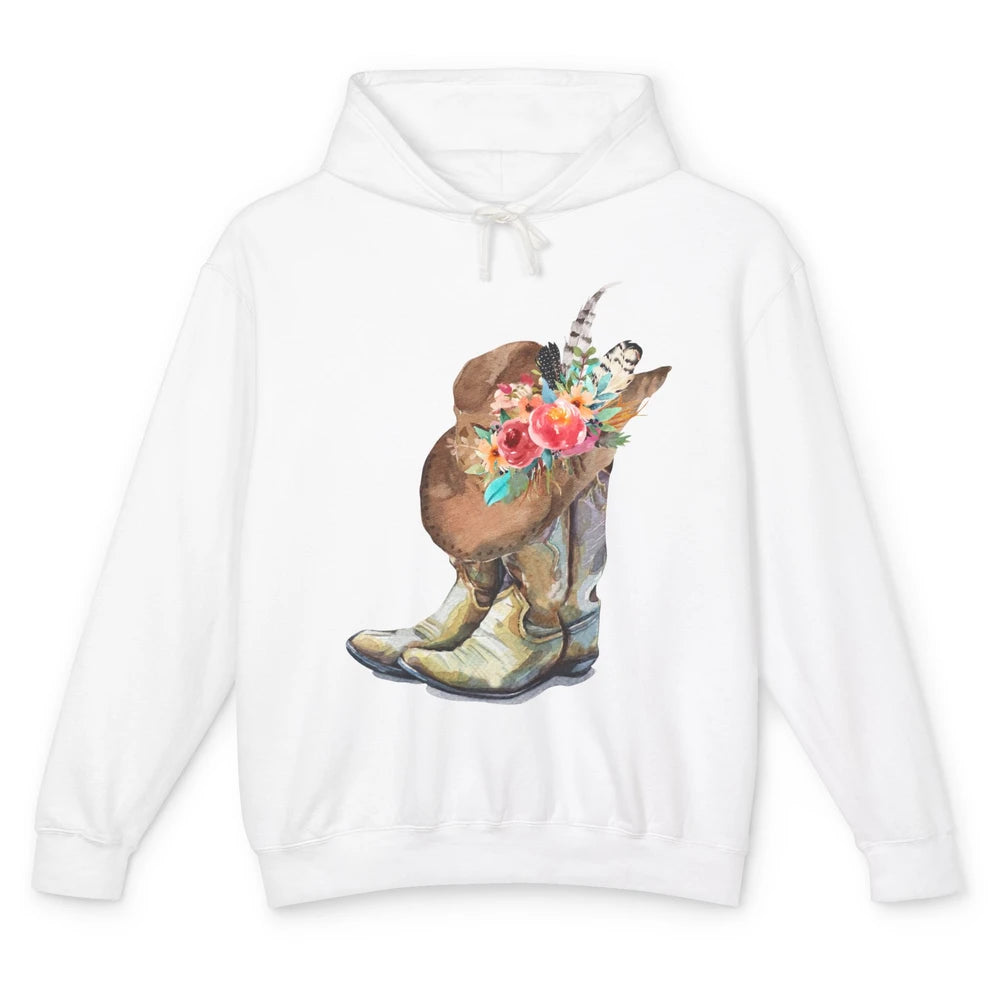 Country Cowgirl Boots Boho Flower Feather Hat Western Rodeo Unisex Lightweight Hoodie