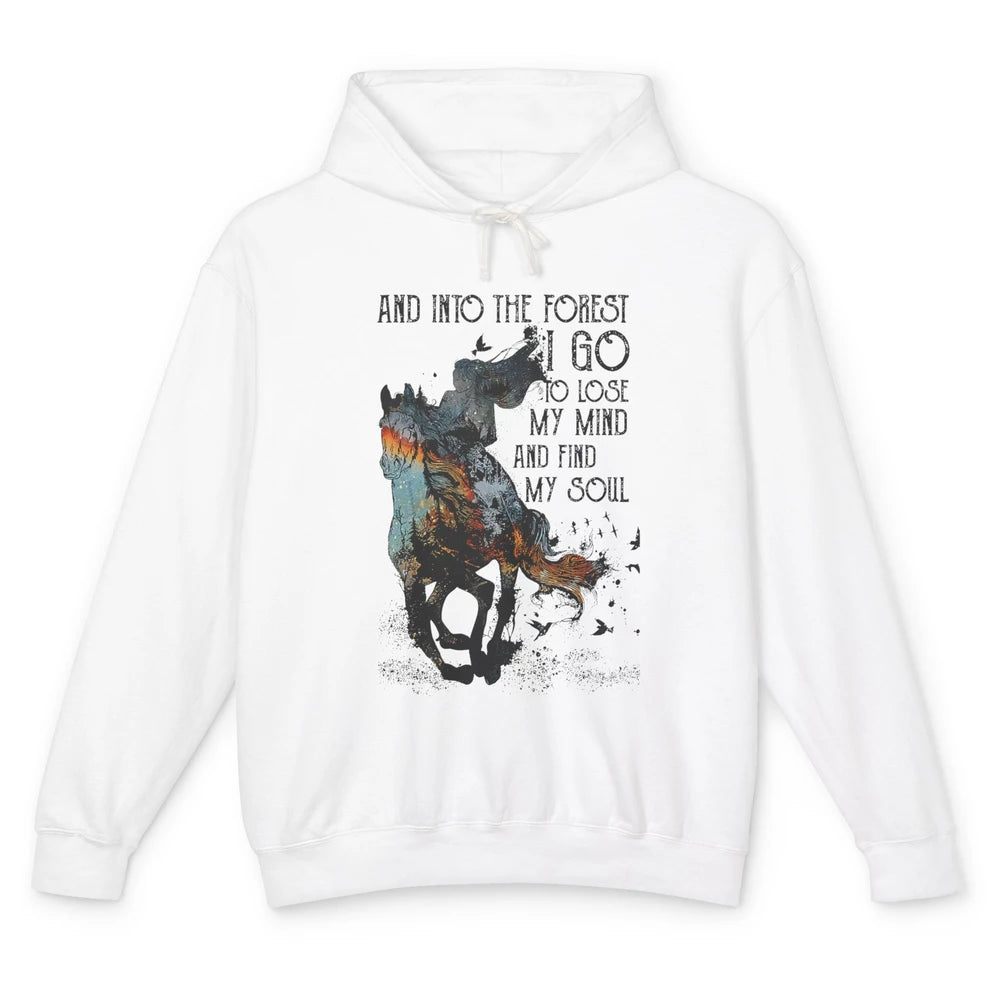 Retro Cowgirl Riding Horse Into Forest I Go Western Cowboy Unisex Lightweight Hoodie