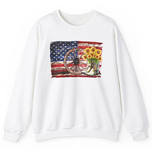 Retro US Flag Sunflower Cowgirl Boots Texas Cowboy Western Unisex Crewneck Sweatshirt