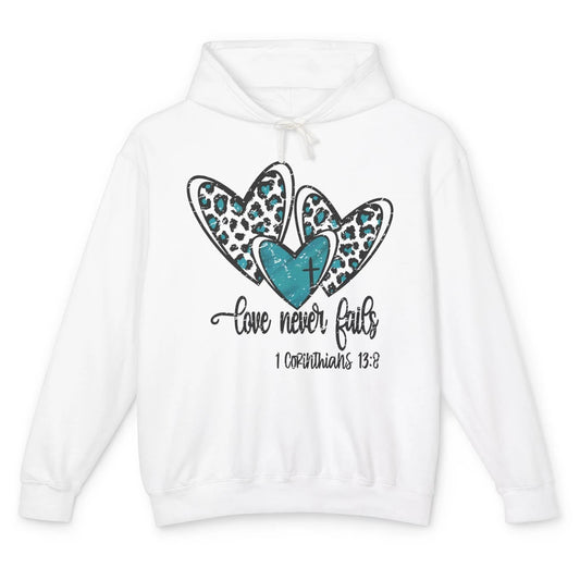 Love Never Fails Leopard Heart Valentine Christian Religious Unisex Lightweight Hoodie