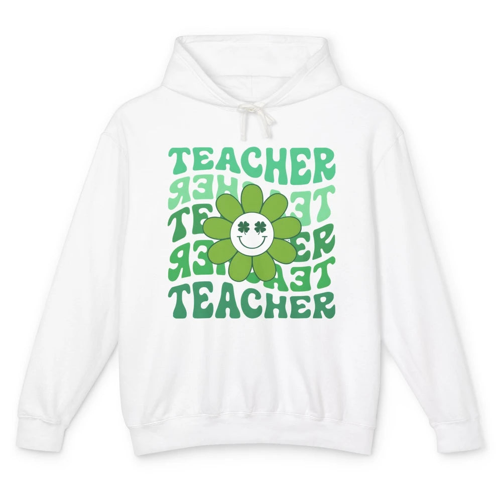 Retro Groovy Wavy Teacher Smiling Face Daisy St Patricks Day Unisex Lightweight Hoodie