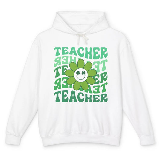 Retro Groovy Wavy Teacher Smiling Face Daisy St Patricks Day Unisex Lightweight Hoodie