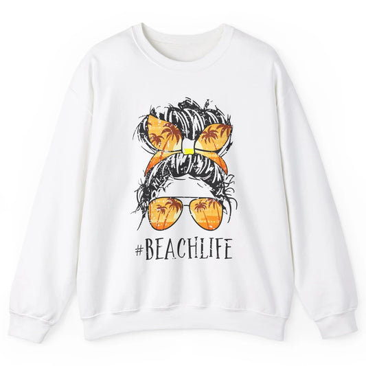 Beach Life Messy Bun Hair Retro Vintage Beach Palms Summer Unisex Crewneck Sweatshirt