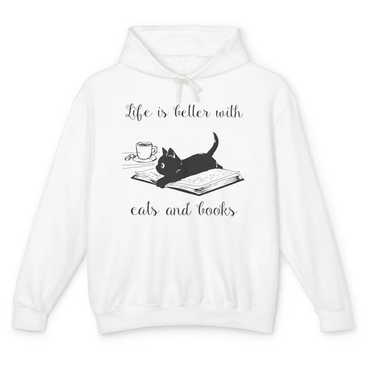 Retro Life Is Better With Cats And Books Reading Lovers Unisex Lightweight Hoodie