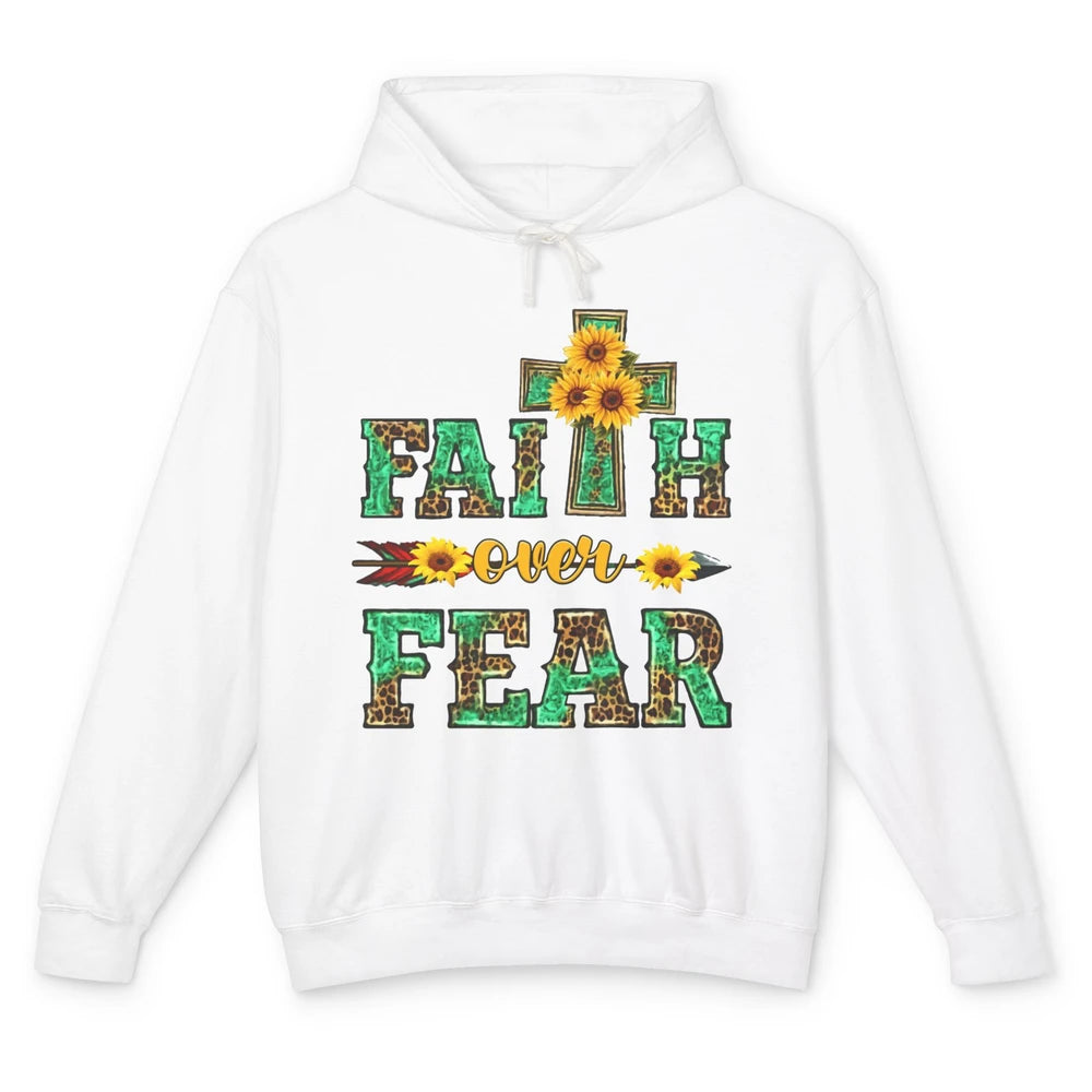 Leopard Sunflower Cross Faith Over Fear Christian Religious Unisex Lightweight Hoodie