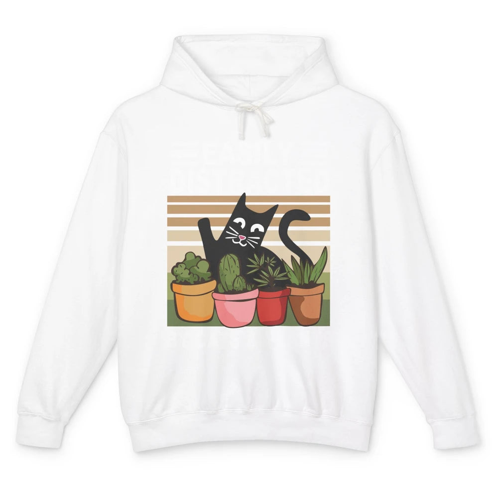 Easily Distracted By Cats And Plants Vintage Gardening Gift Unisex Lightweight Hoodie