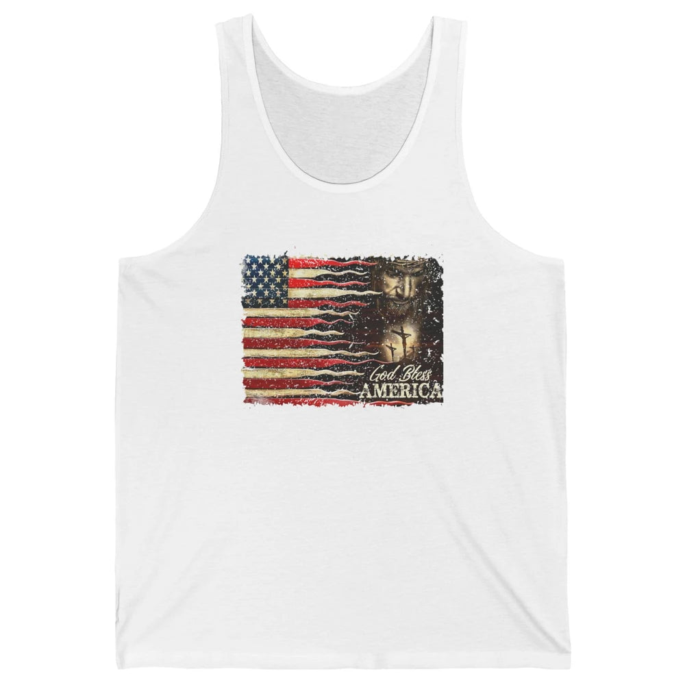 Retro US Flag Jesus Cross God Bless America Patriot July 4th Unisex Jersey Tank