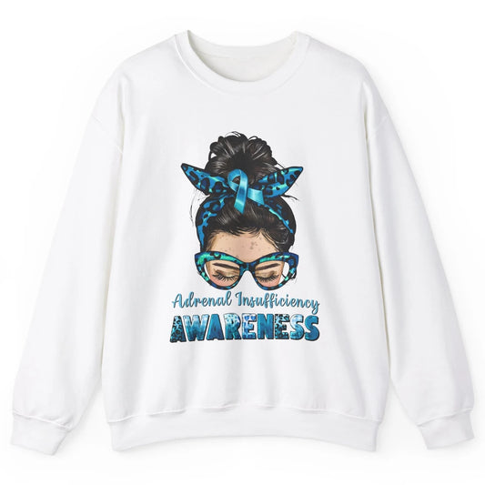 Adrenal Insufficiency Awareness Messy Bun Mom Blue Ribbon Unisex Crewneck Sweatshirt