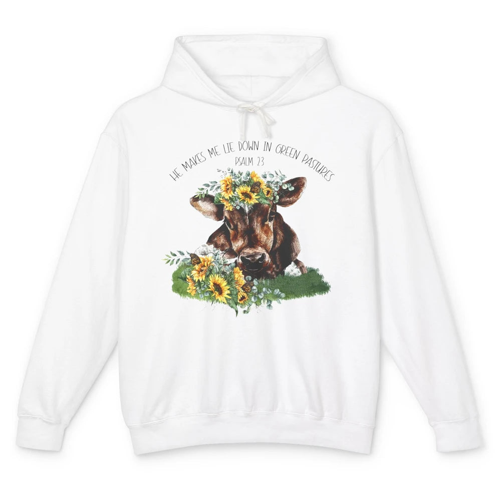 Sunflower Cow He Makes Me Lie Down In Green Pastures Bible Unisex Lightweight Hoodie