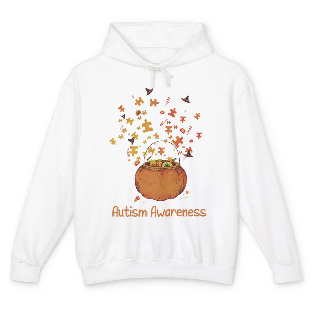 Halloween Autism Awareness Puzzle Piece Pumpkin Fall Unisex Lightweight Hoodie