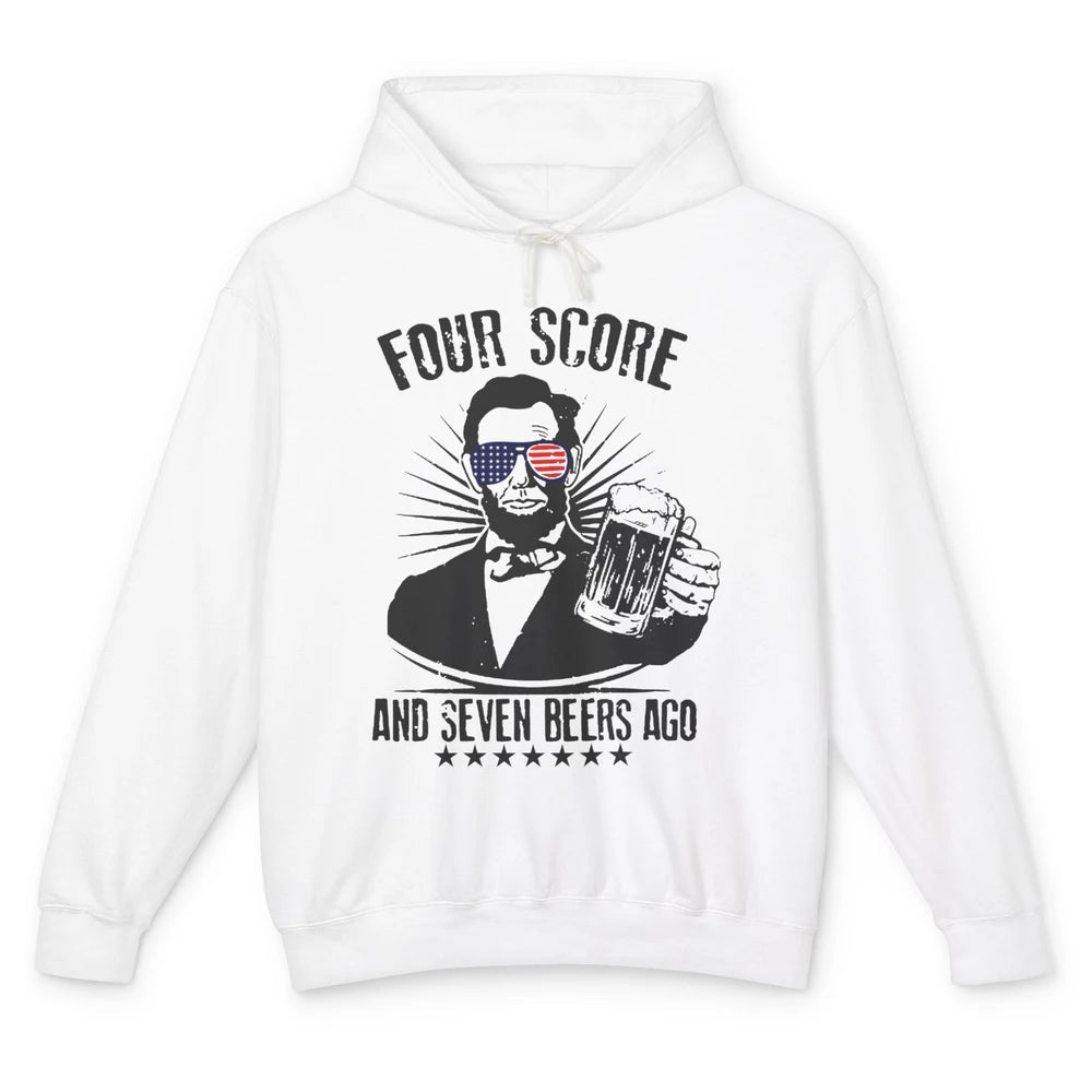 Funny US Flag Abraham Lincoln 4 Score 7 Beers Ago 4th July Unisex Lightweight Hoodie