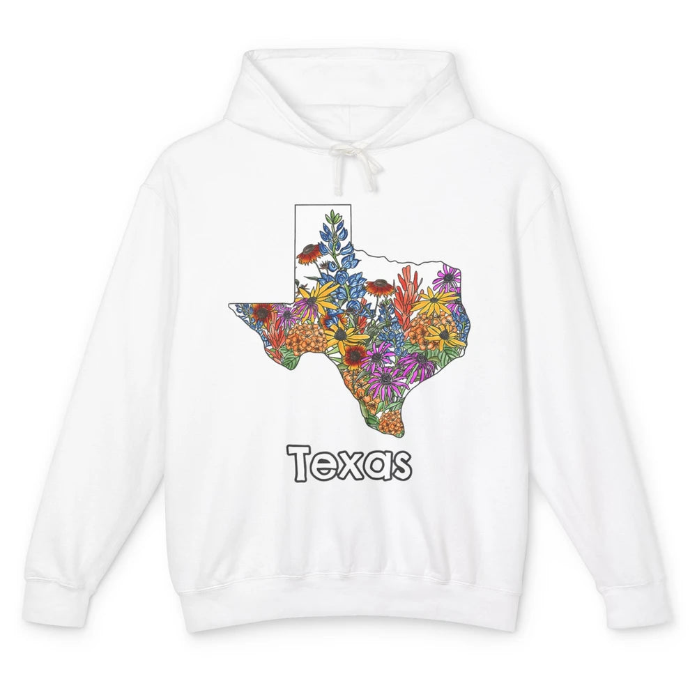 Texas Map Pride Wildflower Western Country Bluebonnet Flower Unisex Lightweight Hoodie