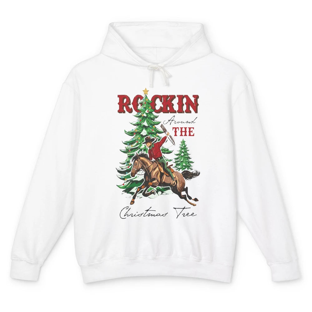 Retro Horsing Cowboy Rocking Around Christmas Tree Western Unisex Lightweight Hoodie