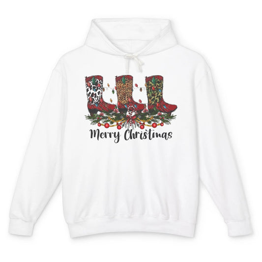 Christmas Cowboy Boots Santa Boots Leopard Western Christmas Unisex Lightweight Hoodie