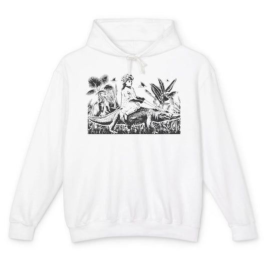 Retro Florida Tropical Land Girl Riding Alligator Summer Unisex Lightweight Hoodie