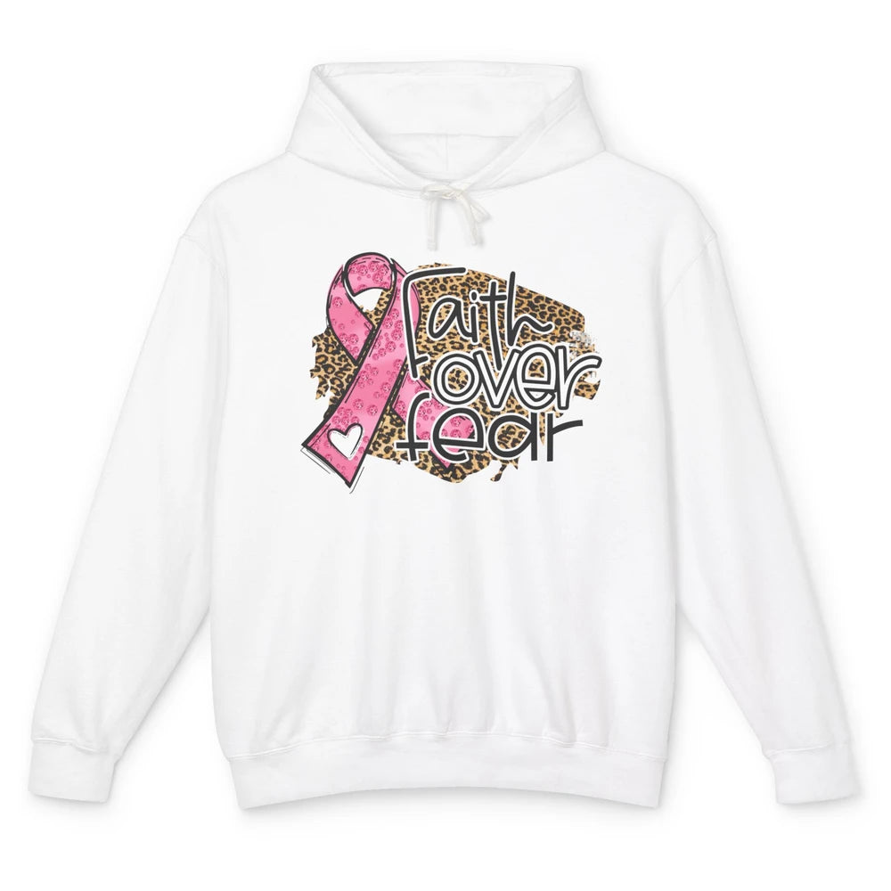 Pink Ribbon Breast Cancer Awareness Faith Over Fear Leopard Unisex Lightweight Hoodie