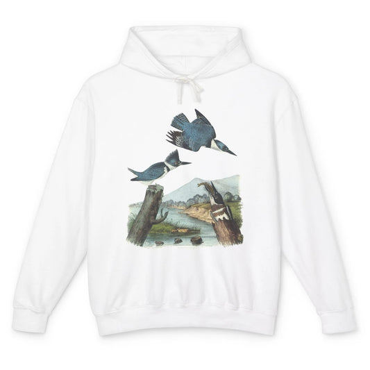 Watercolor Belted Kingfisher Bird Eat Fish Nature Birding Unisex Lightweight Hoodie