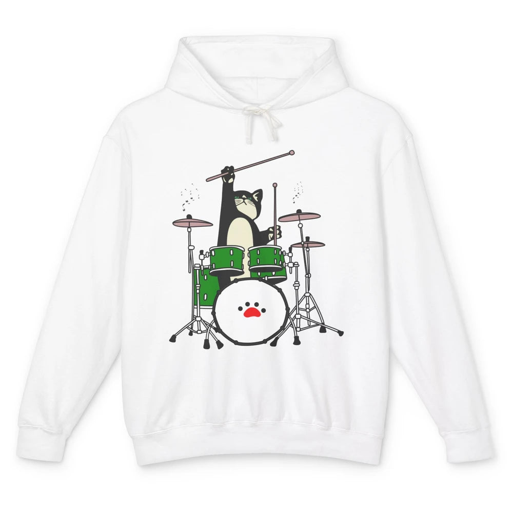 Funny Black Cat Playing Drum Drummer Kitten Musician Song Unisex Lightweight Hoodie