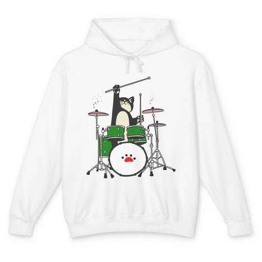 Funny Black Cat Playing Drum Drummer Kitten Musician Song Unisex Lightweight Hoodie