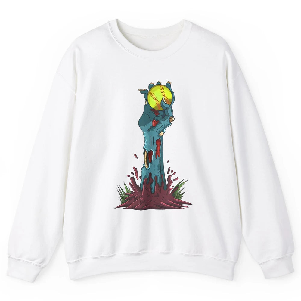 Zombie Hand Softball Funny Halloween Softball Scary Costume Unisex Crewneck Sweatshirt