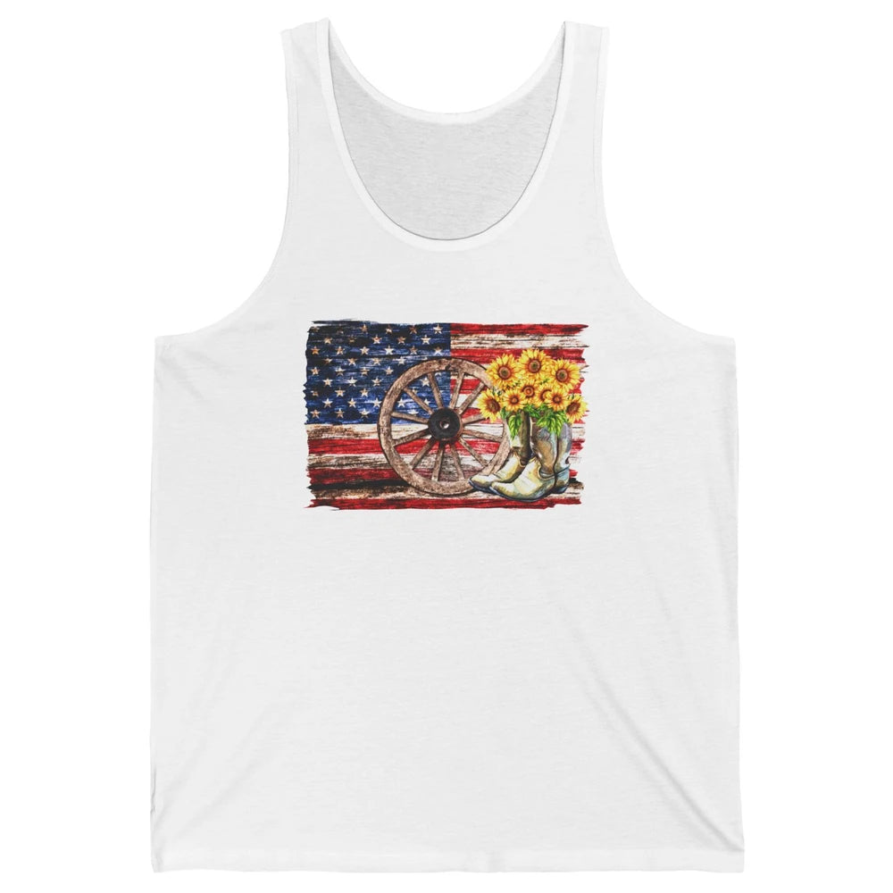 Retro US Flag Sunflower Cowgirl Boots Texas Cowboy Western Unisex Jersey Tank